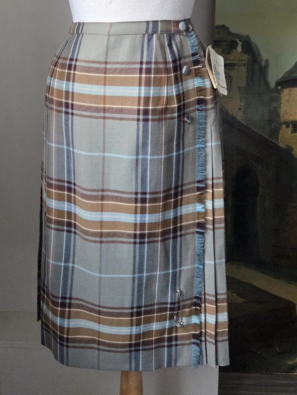 Vintage Aljean Brown + Pale Aqua Blue Wool Kilt Style Skirt